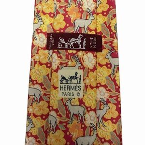 Hermes Mens Tie Floral Flowers & Impala Deers Red/Yellow Silk 7470 HA 3.5" x 56"